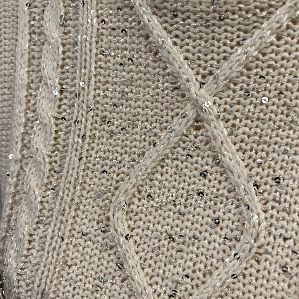 Studio Works Cream & Silver Turtleneck Sparkle Cable Knit Sweater, Size Small - Picture 2 of 7